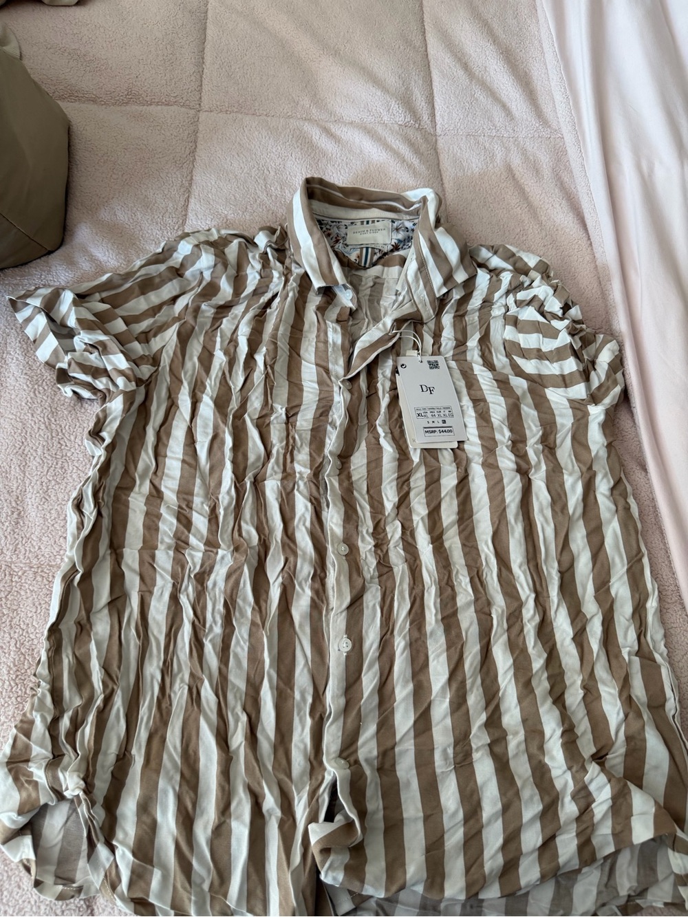 Denim & Flower Men's Short-Sleeve Striped Button-Down in Beige & White